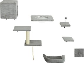 PawHut Perete de cățărat pentru pisici 7 piese set de cățărat pentru pisici cu cușcă, platformă, platformă Gri | Aosom Romania