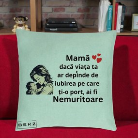 Cadou pentru Mama - Perna Personalizata Mama Nemuritoare Aproape de Bebe, 40x40 cm, Verde Menta, Husa Detasabila, Perna Inclusa, BEKZ®