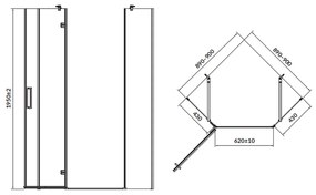 Cabina de dus pentagonala 90x90 cm Cersanit Jota, negru mat cu usa batanta stanga 900x900 mm, Stanga, Negru mat