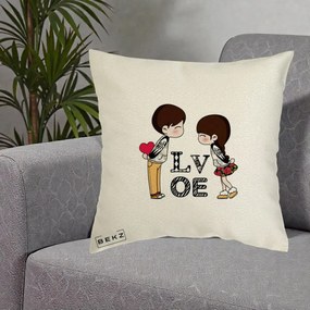 Cadou Romantic - Perna Personalizata Cuplu Kawaii LOVE, 40x40 cm, Ecru, Husa Detasabila, Perna Inclusa, BEKZ®