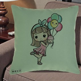 Perna Decorativa Fetita Kawaii cu Baloane si Cupcake, 40x40 cm, Verde, Husa Detasabila, Perna Inclusa, BEKZ®