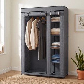 HOMCOM Dulap Textil pentru Economisirea Spațiului, cu Bară pentru Umerașe și 5 Polițe, 110 x 45 x 175 cm, pentru Dormitor, Gri | Aosom Romania