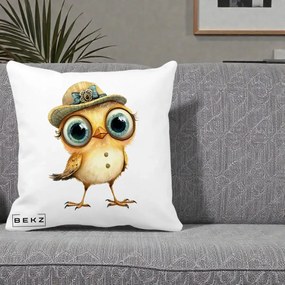 Perna Decorativa Pui Elegant cu Palarie Teal, 40x40 cm, Alba Mata, Husa Detasabila, Perna Inclusa, BEKZ®