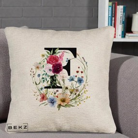 Cadou Personalizat - Perna Personalizata Monogram Litera F cu Flori Acuarela, 40x40 cm, Bej Canapea, Husa Detasabila, Perna Inclusa, BEKZ®