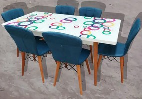 Set masa extensibila picioare lemn, blat sticla securizata +6 scaune tapitate Fusion Homs albastru 80x 170 cm
