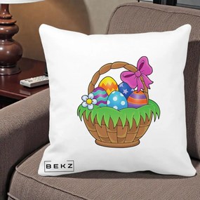 Perna Decorativa Cos cu Oua de Pasti Colorat, 40x40 cm, Alba Mata, Husa Detasabila, Perna Inclusa, BEKZ®