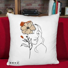 Perna Decorativa Portret Feminin Floare Bej Terracotta, 40x40 cm, Alb Pufos, Husa Detasabila, Perna Inclusa, BEKZ®