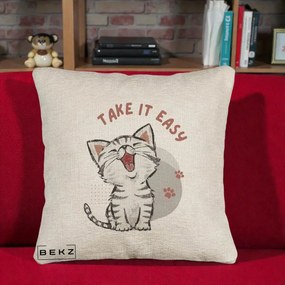 Perna Personalizata Take It Easy Cat, 40x40 cm, Bej Canapea, Husa Detasabila, Perna Inclusa, BEKZ®