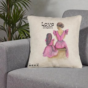 Cadou pentru Mama - Perna Personalizata Love Mom Rochii Roz, 40x40 cm, Bej Canapea, Husa Detasabila, Perna Inclusa, BEKZ®