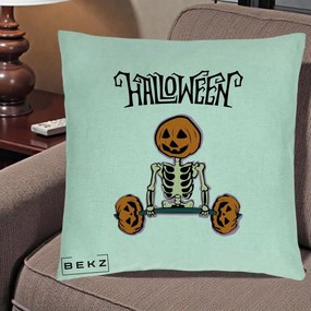 Perna Decorativa Halloween Schelet cu Cap de Dovleac Powerlifting, 40x40 cm, Verde Menta, Husa Detasabila, Perna Inclusa, BEKZ®