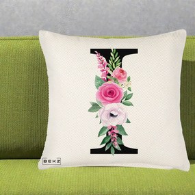 Cadou Personalizat - Perna Personalizata Monograma Florala Litera I, 40x40 cm, Crem Reliefat, Husa Detasabila, Perna Inclusa, BEKZ®