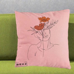 Perna Decorativa Portret Feminin Doua Flori, 40x40 cm, Roz, Husa Detasabila, Perna Inclusa, BEKZ®