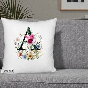 Cadou Personalizat - Perna Personalizata Monogram Litera A cu Flori Acuarela, 40x40 cm, Alb Pufos, Husa Detasabila, Perna Inclusa, BEKZ®
