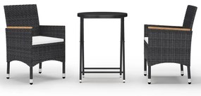 3058384 vidaXL Set mobilier bistro grădină 3 piese negru poliratan și sticlă