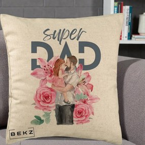 Cadou pentru Tata - Perna Personalizata Super Dad Tata cu Fetita si Flori, 40x40 cm, Bej, Husa Detasabila, Perna Inclusa, BEKZ®