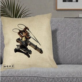 Perna Personalizata Attack on Titan Eren Yeager Lupta, 40x40 cm, Crem, Husa Detasabila, Perna Inclusa, BEKZ®