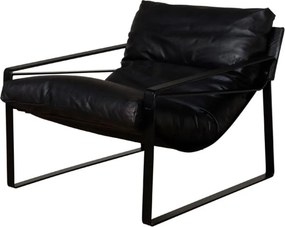Fotoliu lounge din piele naturală neagră cu structură metalică, „Gabor”