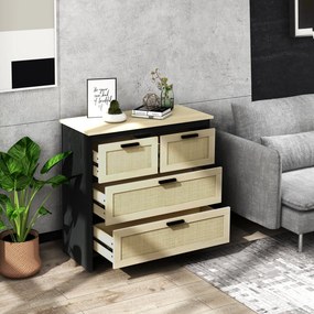 HOMCOM Comodă 4 Sertare, Mobilier Sufragerie/Dormitor, PAL și Ratan, 80x38x80cm, Negru/Lemn Natural | Aosom Romania