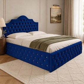 Pat tapițat Chesterfield din catifea Imperio Deluxe 180×200 cm, bleumarin, cu ladă de depozitare