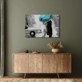 Tablou - Cuplu în dragoste cu umbrelă, albastru (90x60 cm)