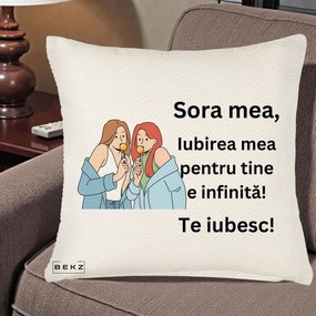 Cadou pentru Sora - Perna Personalizata Sora Mea Te Iubesc Doua Fete cu Acadele, 40x40 cm, Crem Reliefat, Husa Detasabila, Perna Inclusa, BEKZ®