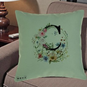 Cadou Personalizat - Perna Personalizata Monogram Litera C cu Flori Acuarela, 40x40 cm, Verde, Husa Detasabila, Perna Inclusa, BEKZ®