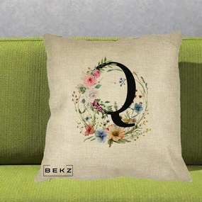 Cadou Personalizat - Perna Personalizata Monogram Litera Q cu Flori Acuarela, 40x40 cm, Crem, Husa Detasabila, Perna Inclusa, BEKZ®