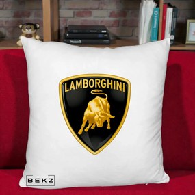 Perna Personalizata cu emblema Lamborghini, 40x40 cm, Alb Pufos, Husa Detasabila, Perna Inclusa, BEKZ®