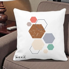 Perna Decorativa Geometric Hexagoane Multicolor, 40x40 cm, Alba Mata, Husa Detasabila, Perna Inclusa, BEKZ®