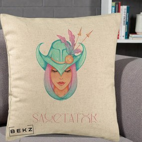 Perna Personalizata Zodiac Sagetator Cowgirl, 40x40 cm, Bej, Husa Detasabila, Perna Inclusa, BEKZ®