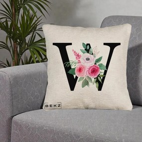 Cadou Personalizat - Perna Personalizata Monograma Florala Litera W cu Trandafiri si Anemona, 40x40 cm, Bej Canapea, Husa Detasabila, Perna Inclusa, BEKZ®