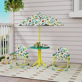AIYAPLAY Masă de Picnic pentru Copii, Set Masă și Două Scaune Pliabile cu Umbrelă Demontabilă, Tematică Jungle, Mobilier de Exterior pentru Grădină, Terasă, Verde | Aosom Romania
