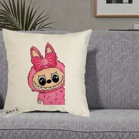 Perna Personalizata Labubu Roz cu Funda, 40x40 cm, Ecru, Husa Detasabila, Perna Inclusa, BEKZ®