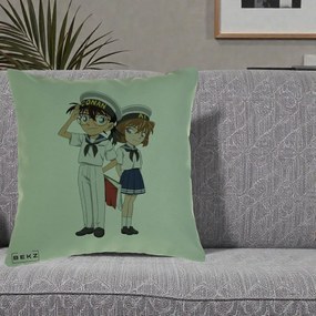 Perna Personalizata Detective Conan Conan si Ai Sailor, 40x40 cm, Verde, Husa Detasabila, Perna Inclusa, BEKZ®