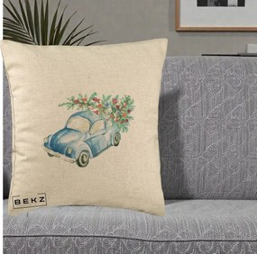 Perna Decorativa Masinuta Albastra cu Brad de Craciun, 40x40 cm, Bej, Husa Detasabila, Perna Inclusa, BEKZ®
