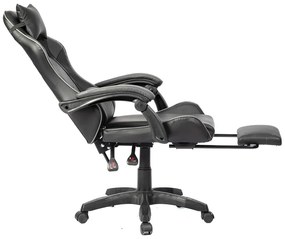 Scaun gaming, masaj în perna lombară, suport picioare, PU, Negru/Gri