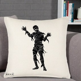 Perna Decorativa Mormii Infricosat Silueta Neagra Halloween, 40x40 cm, Crem Reliefat, Husa Detasabila, Perna Inclusa, BEKZ®