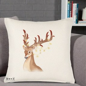 Perna Decorativa Ren cu Luminite de Craciun, 40x40 cm, Crem Reliefat, Husa Detasabila, Perna Inclusa, BEKZ®