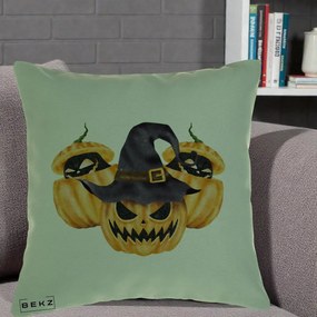 Perna Decorativa Trio Dovleci Jack-o-Lantern cu Palarie Vrajitoare, 40x40 cm, Verde, Husa Detasabila, Perna Inclusa, BEKZ®