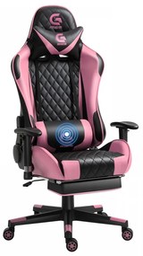 Scaun gaming, masaj în perna lombară, sezut benzi elastice sustinere, cotiere 3D, suport picioare, funcție sezlong, Negru/Roz