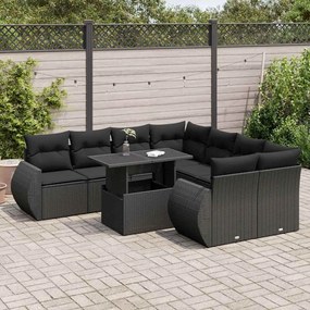 3326606 vidaXL Set mobilier de grădină cu perne, 9 piese, negru, poliratan