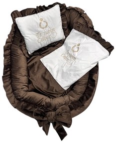 Set 4 în 1 LUX Cuib baby nest bebelusi din catifea MARO inchis cu volanase și salteluta matlasata detașabilă + păturică și pernuta personalizate