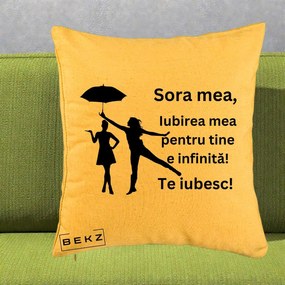 Cadou pentru Sora - Perna Personalizata Sora Mea Te Iubesc Siluete Negre cu Umbrela, 40x40 cm, Galben, Husa Detasabila, Perna Inclusa, BEKZ®