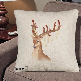 Perna Decorativa Ren cu Luminite de Craciun, 40x40 cm, Bej Canapea, Husa Detasabila, Perna Inclusa, BEKZ®