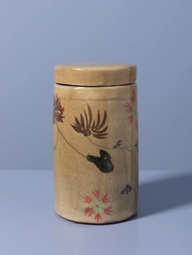Borcan din ceramică artizanală natur cu capac, motive florale și păsări pictate manual, maro și roșu, 22 × 12 cm, „Campana"