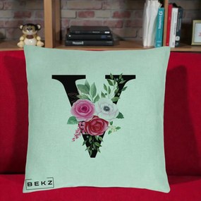 Cadou Personalizat - Perna Personalizata Monograma Florala Litera V cu Buchet, 40x40 cm, Verde Menta, Husa Detasabila, Perna Inclusa, BEKZ®
