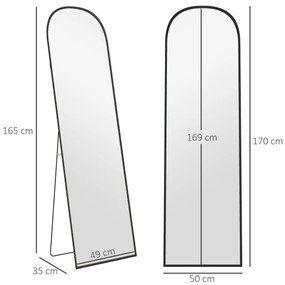 HOMCOM Oglindă de Podea și Perete Modernă din Aliaj de Aluminiu cu Suport Pliabil, 50x170 cm, Neagră | Aosom Romania