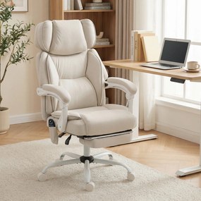 HOMCOM Scaun de birou cu spătar înalt cu masaj prin vibrații și încălzire, ergonomic, rabatabil, cu suport pentru picioare, alb crem | Aosom Romania