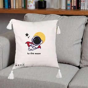 Perna Decorativa Astronaut To The Moon, 40x40 cm, Bej cu Franjuri, Husa Detasabila, Perna Inclusa, BEKZ®