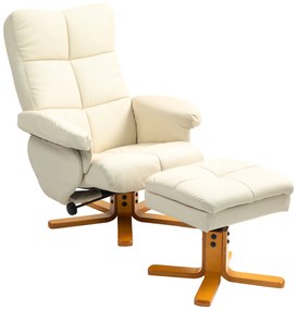 HOMCOM Fotoliu relax cu taburet, spătar rabatabil 145° , rotativ 360°, piele ecologică, alb crem | Aosom Romania